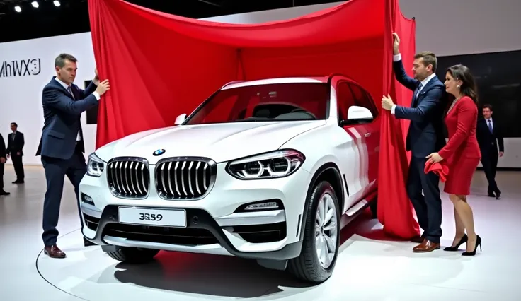 a shiny White BMW X3 on display at an auto show. The car is in the center of the image, with a red curtain draped over it. There are two men and a woman standing on either side of the car, holding the curtain. The man on the left is wearing a suit and tie,...