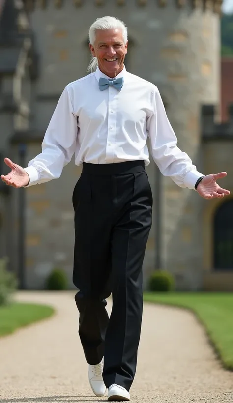 Beautiful man, strong physique, white colored social blouse, long black pants, white colored social shoes, white hair in ponytail, silver colored eyes, slender appearance, elegant, with outstretched arms, light blue bow tie, smiling look, old castle scener...