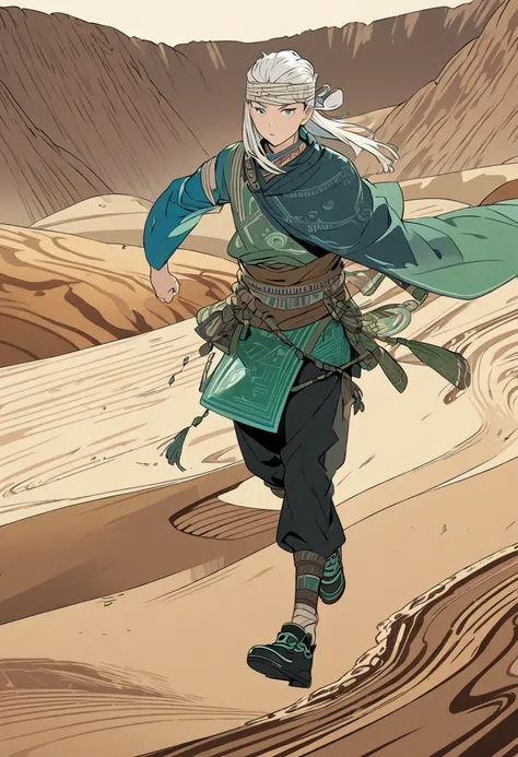 Orientalism, Green Suit ,  black pants , black rubber shoes,  blue sleeve, green waistband , bandage, Brown Cloak, White hair, Nice illustration ,  Finished illustration, desert background , Detailed coloring 