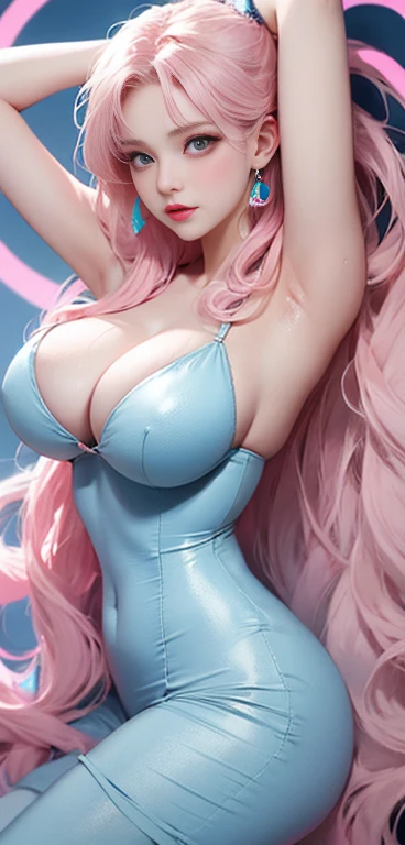  light blue and pink color scheme， sexy girls,  Big Boobs ，Esbian，White Curly Hair