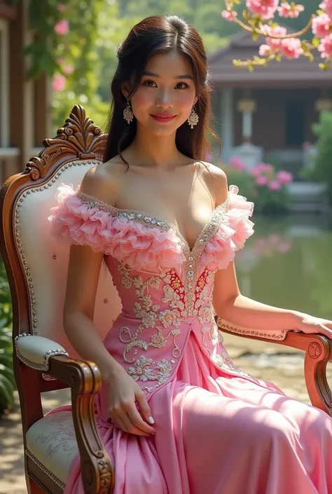 Beautiful Thai woman, sweet smile, sharp face, wearing a tight pink long evening dress, matching with a modern Thai dress, embroidered with white rose patterns, fantasy colors at the collar, colorful rose ruffles, shiny fantasy colors, decorated with gems,...