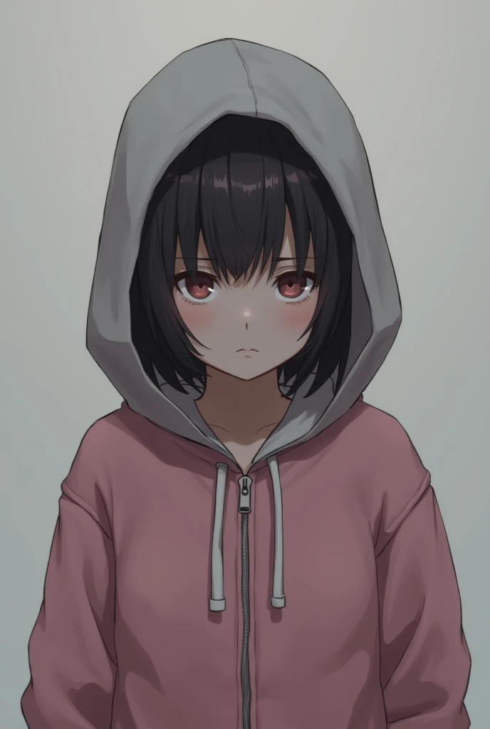 An expressionless girl about  wearing a pink hooded zip-up with short brown hair and a gray hooded hat