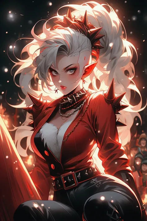 Reimagine Santa Claus as a fierce and stylish female heavy metal rockstar. She has long, wild crimson hair with streaks of silver, topped with a classic Santa hat tilted slightly for attitude. She wears a black leather jacket with spikes and chains, paired...