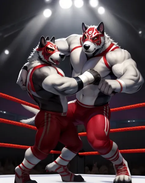 (by null-ghost,by raccoon21),
(masterpiece,high quality,8k),
duo, 2 anthro canines,((((dalmationdogs, brothers)))),tail,full bodies, black ears, black spotted white fur
fighting (((wrestling ring setting, action, dramatic lighting)))
boots, red trunks, red...