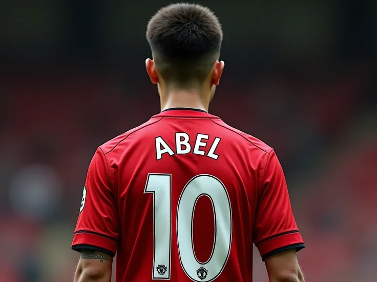 ABEL named or written behind t-shirt his t-shirt manchester united team number 10 wear when he playing football , name written by white bold font correctly. create 8k ultra hd.