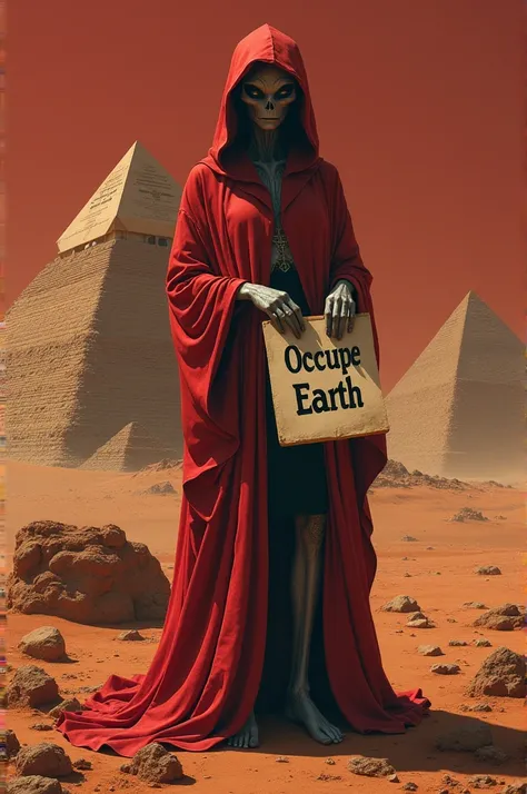 Pyramids on Mars with Tall Martian wearing red hooded Robe holding a sign that reads, Occupy Earth