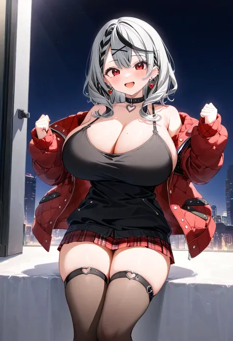 ( top quality , 8k, masterpiece),　 girl、young、Idol、1 person、 sakamata chloe, 、 hololive ,Silver Hair  , Big Breasts ,smile、 like heaven、 red cheeks 、Tanimachis emphasis 、A rich variety of skin tones  , ( Wear a jacket over a camisole ,  super short miniski...