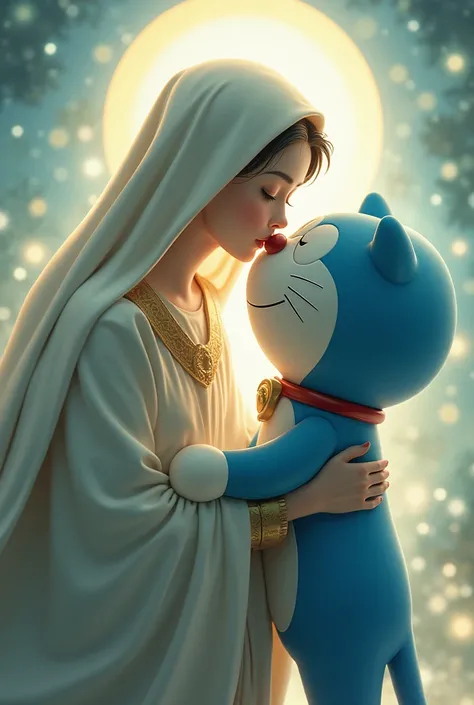 Virgin Mary kissing Doraemon sensually