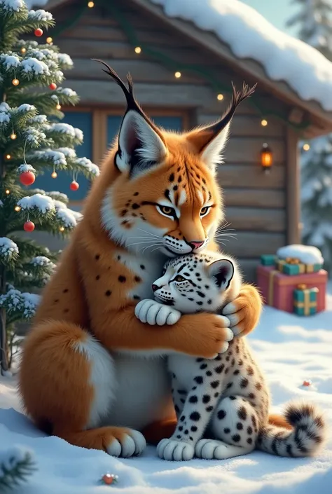 A mother lynx hugging a snow leopard puppy 
With a cabin and a Christmas tree with gifts in the background