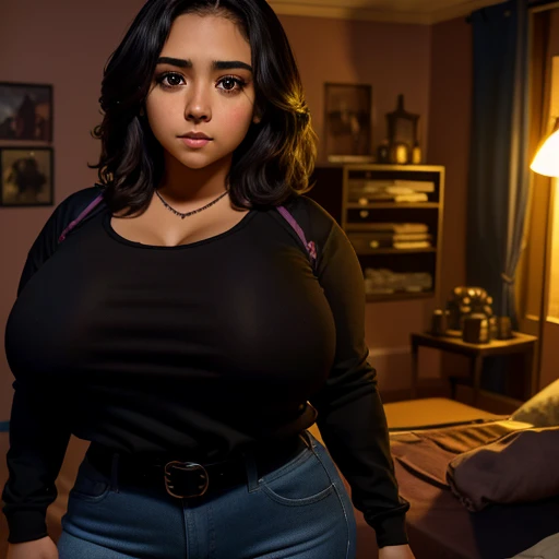 Dark nightmarish movie style, a petite cute shy innocent skinny with monstously huge fat size breasts Mexican nerdy emo teen, short volumetric hair, beautiful detailed brown eyes, cutely detailed lips, super cute highly detailed eyes and face, round shape ...