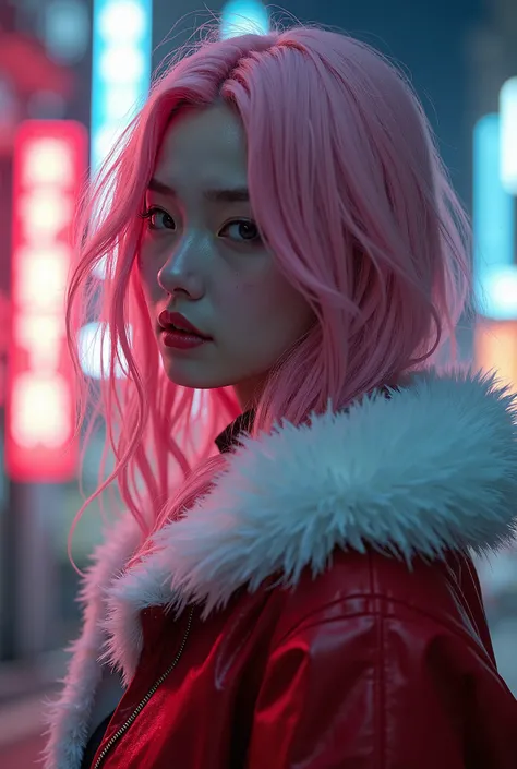  a Japanese woman with pink hair 、She is wearing a sci-fi style Santa costume 。 A cyberpunk cityscape with shining neon lights spreads out in the background。The womans expression is sharp 、There is a sense of tension。 realistic depiction 、Realistic、masterp...