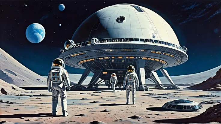 A large space ship standing in the ground, space scientists in advanced space suits walking from the deck to ground, Background with Earth visible, Moon Base, A futuristic moon base, Moons Surface. by Ed Emshwiller, Science Fiction, Retro-Futurism, Mid-fut...