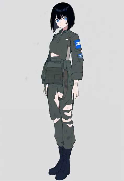 Score_9,score_8_up,Source_anime, girl, slender figure,medium chest, torn clothes, tarpaulin sewn in pieces with threads, combat boots in patches , dirty tarpaulin, standing, absolutely white background, medium breast, blue eye, short black hair 