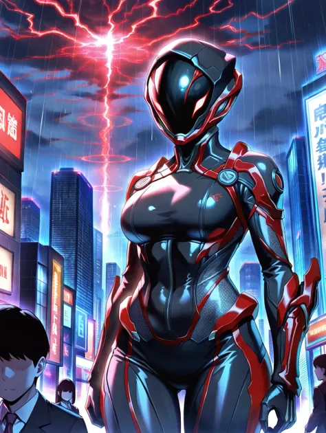  1 Japanese girl , warframe, Complex Pattern, heavy metal,  Energy Line , Faceless, Shining Eyes,  elegant ,  is intense, Blood red and black uniform, Alone, 【Contemporary, city, That&#39;s right., Dark Clouds,   thunderstorm , Heavy Rain,, Dramatic lighti...