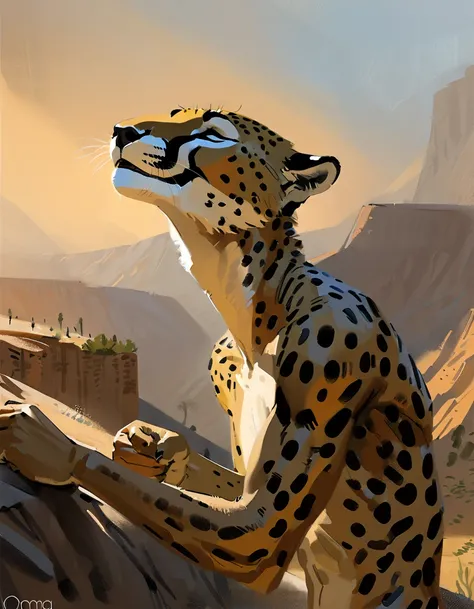 (Cheetah), (solo), male, anthro, (by seyorrol, by Nomax), (tail), correct anatomy:1.5, ((perfect hands:1.5)), (standing), (arid valley background, hopeful atmosphere, detailed background), naked, realistic shading, dark lighting, mysterious shadows, sunris...