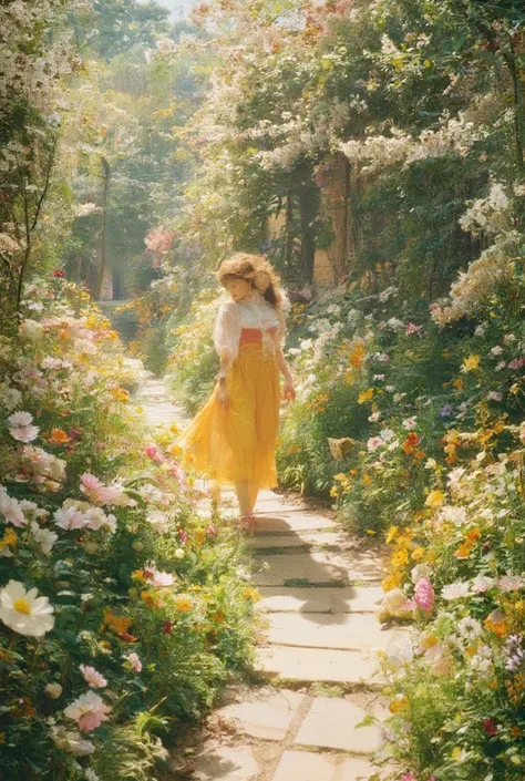 a beautiful girl walking on flower path