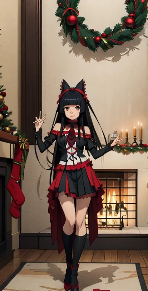 Rory Mercury, Rory Mercury, high definition,  better quality ,  high detail ,  high quality,  Main detail, full length ,full frame, Full-length girl , long hair,  black hair, Breasts, posing for the camera ,fireplace, christmas .