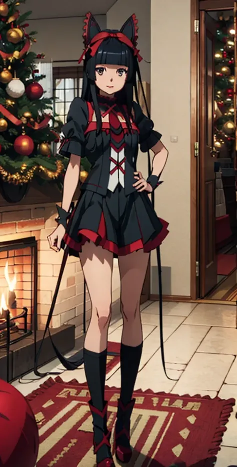 Rory Mercury, Rory Mercury, high definition,  better quality ,  high detail ,  high quality,  Main detail, full length ,full frame, Full-length girl , long hair,  black hair, Breasts, posing for the camera ,fireplace, christmas .