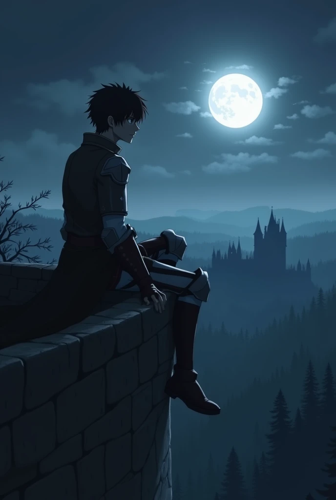 Attack on titan, Anime , Short black swept by air , Eren jeagr ,at night , 29 year old , sitting on spire ledge of castle overlooking the forest  and moon from afar and above , looking away to the full moon white , high resolution 4k detailed forest , clea...