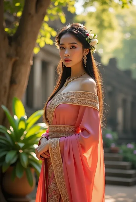 Masterpiece. Beautiful Asian woman wearing traditional Thai dress. Intricately designed and elegant silk fabric draped gracefully over the waist, off shoulder, looking at the camera, big bust: 1.7 with pink blouse decorated with intricate embroidery. Her l...