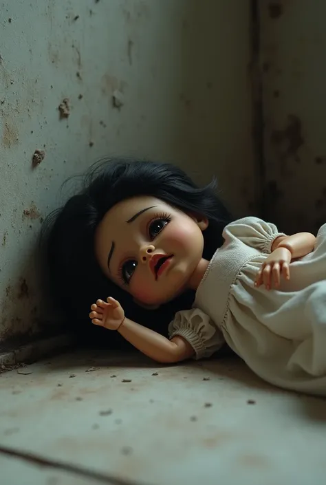 Little doll with brown skin and long black hair lying on the floor crying inconsolately on her back 