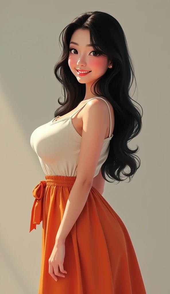 a beautiful young woman with abnormally huge round breasts, (((chubby body))), pleasant smile, vibrant flare skirt shirtwaist dress, long black hair, realistic profile view, looking directly at the camera, her breasts are huge, bulging, and well-rounded