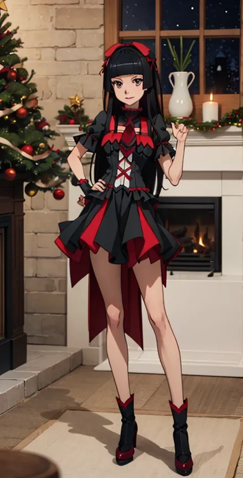 Rory Mercury, Rory Mercury, high definition,  better quality ,  high detail ,  high quality,  Main detail, full length ,full frame, Full-length girl , long hair,  black hair, Breasts, posing for the camera ,fireplace, christmas .