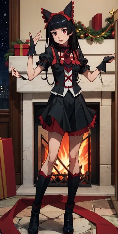 Rory Mercury, Rory Mercury, high definition,  better quality ,  high detail ,  high quality,  Main detail, full length ,full frame, Full-length girl , long hair,  black hair, Breasts, posing for the camera ,fireplace, christmas .