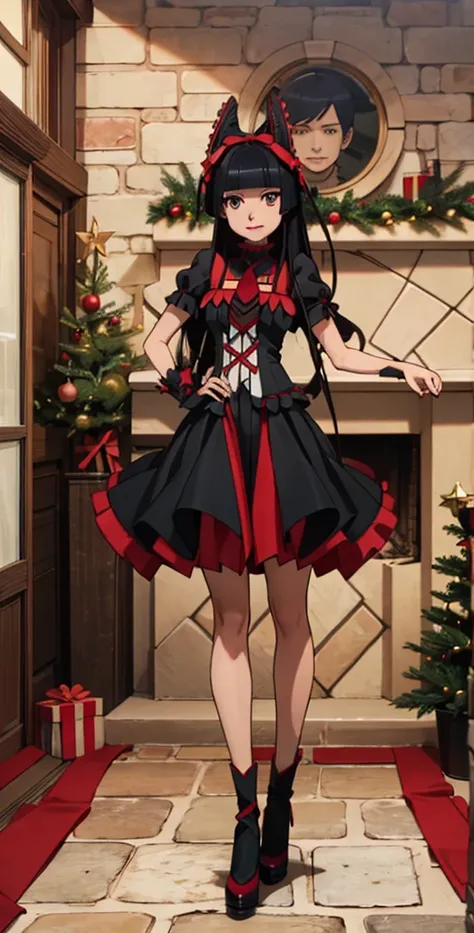 Rory Mercury, Rory Mercury, high definition,  better quality ,  high detail ,  high quality,  Main detail, full length ,full frame, Full-length girl , long hair,  black hair, Breasts, posing for the camera ,fireplace, christmas .