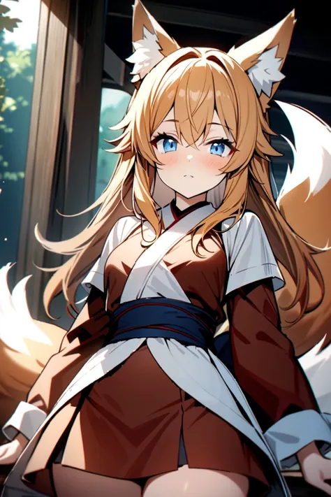 greate quality,high quality,masterpiece,1 girl,grange hair,blue eyes,fox ears,nine fox tale,cowboy shot,