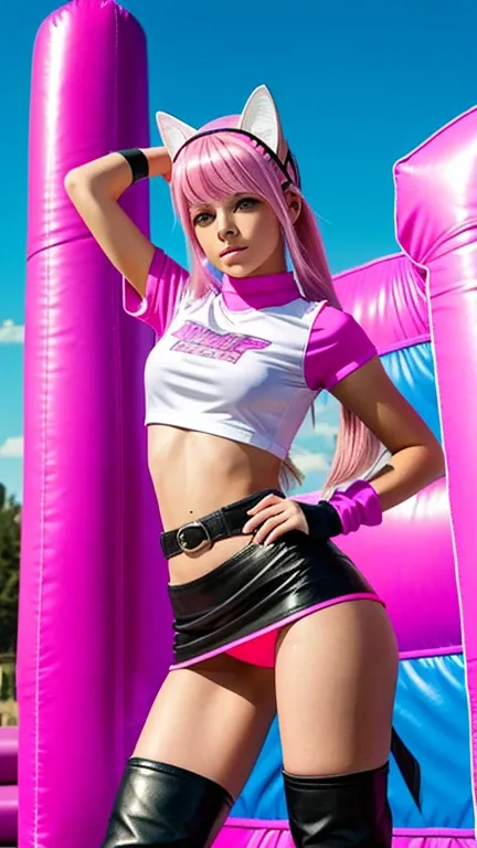  teenager with pink hair ,  slim model , pink leather BH , leather skirt pink ,  leather arm warmers blue,  knee-high leather boots, Cat ears, bouncy castle

