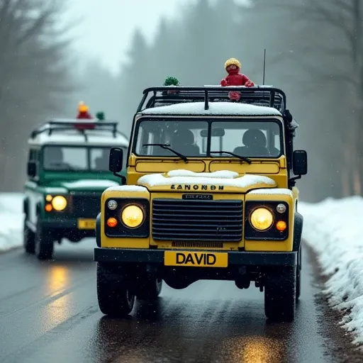 I want you to make me a 3D picture of two Land Rovers on the road and then on top of it if it is raining in front. It should have a yellow number plate on the front and the name should be "DAVID" and then it should have a big sign written "WELCOME TO CHRIS...