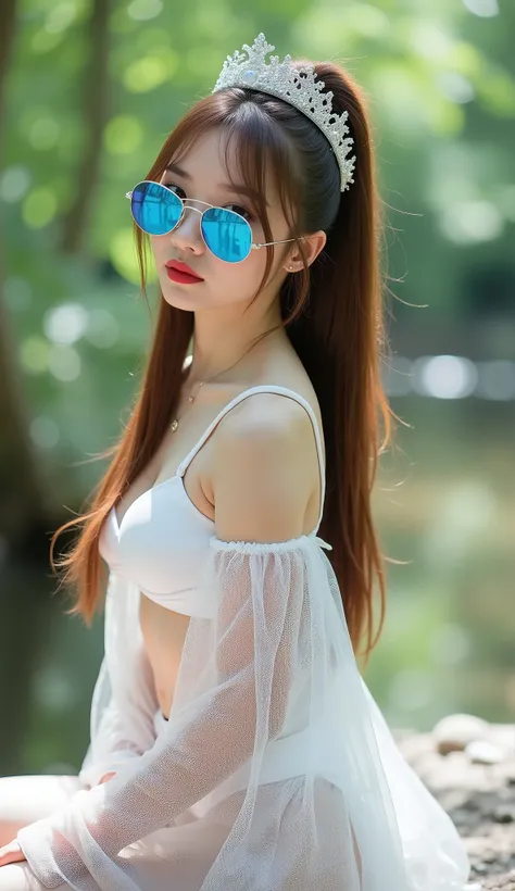 Korean slightly fat beautiful girl with very long shiny brawn silky hair, ponytail puff hairstyle, red lipstick, blue sunglasses, amazing makeup,fairy crowns 1. Dress: The model is wearing a white bikini paired with a sheer, net-like white overlay A slim-f...