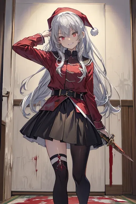 (from below:1.2),((1girl, silver hair, long hair, evil red eyes, crazy eyes, crazy smile:1.5, ), (santa clothes, santa hat, black tights, santa boots), (((holding ominous japanese sword ))), ((battlescene,slashilg,killing the mafia,blood splash)), (indoor,...