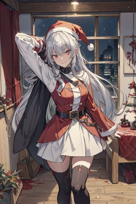 (from below:1.2),((1girl, silver hair, long hair, evil red eyes, crazy eyes, crazy smile:1.5, ), (santa clothes, santa hat, black tights, santa boots), (((holding ominous japanese sword ))), ((battlescene,slashilg,killing the mafia,blood splash)), (indoor,...