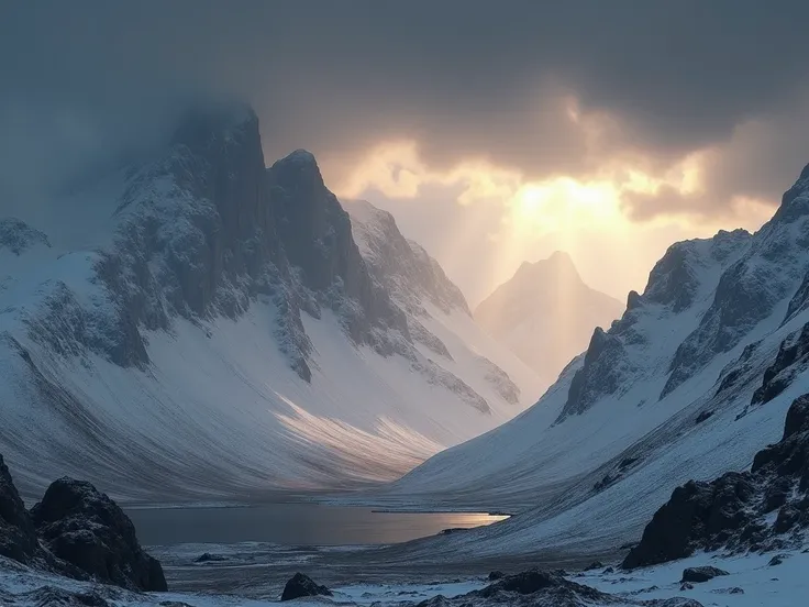 create a dramatic Snowdonia mountain landscape with dark clouds and rays of sunlight shining through the clouds