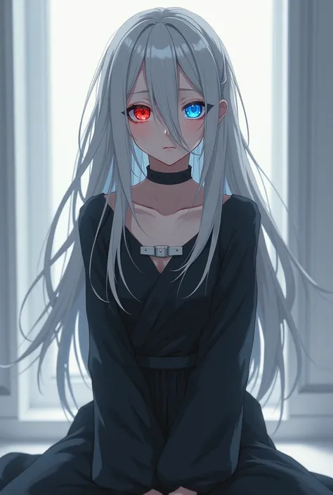 The girl with Gray hair and one eye is red and another one is blue, sitting in the room, room background White color, anime 