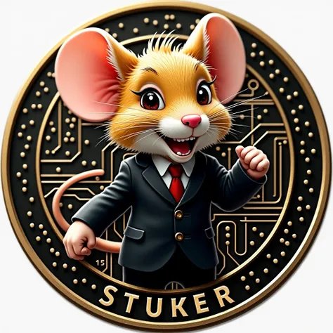 Design a crypto coin featuring Stuart Little the mouse in a black suit. The coin should depict Stuart in a heroic pose with the coins denomination or name StuartCoin subtly integrated into the design. while incorporating elements typical of cryptocurrency ...