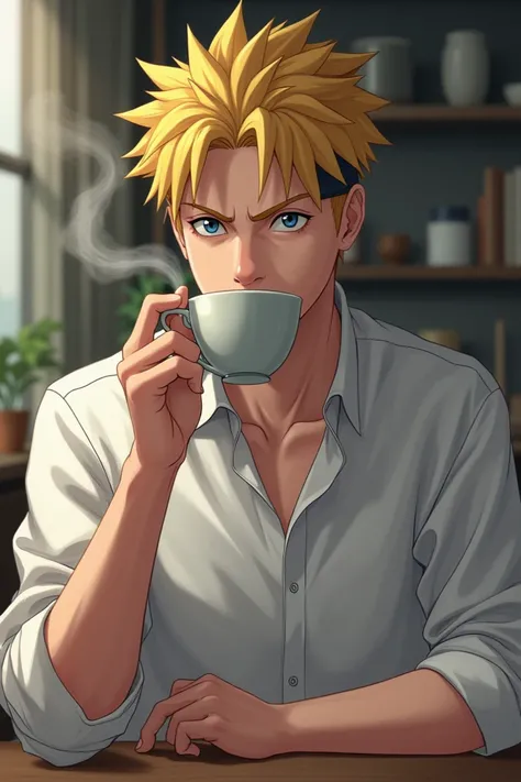 Boruto Uzumaki wears white shirt with 24 year old adult face drinking coffee