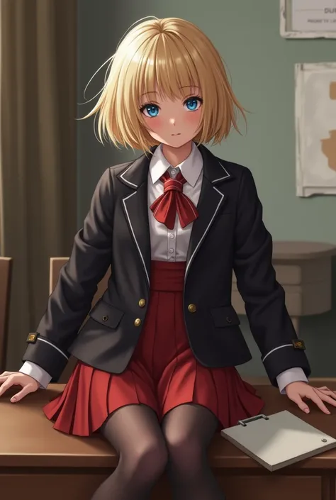  Very young European schoolgirl in a short red skirt, unbuttoned jacket and tie ,   in stockings,   heels, is at the table,  bent , plump  , earrings,  bright makeup,   beautiful blonde  ,  short hair ,,  ,   blue eyes  