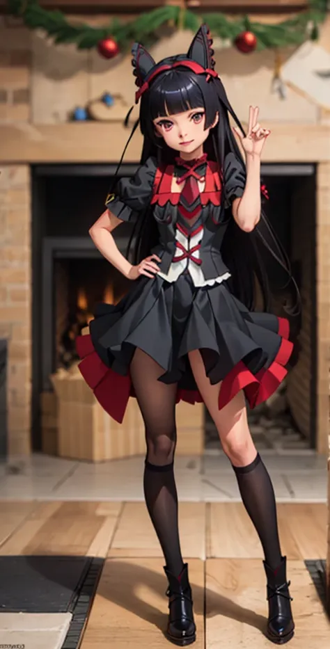 Rory Mercury, Rory Mercury, high definition,  better quality ,  high detail ,  high quality,  Main detail, full length ,full frame, Full-length girl , long hair,  black hair, Breasts, posing for the camera ,fireplace, christmas .