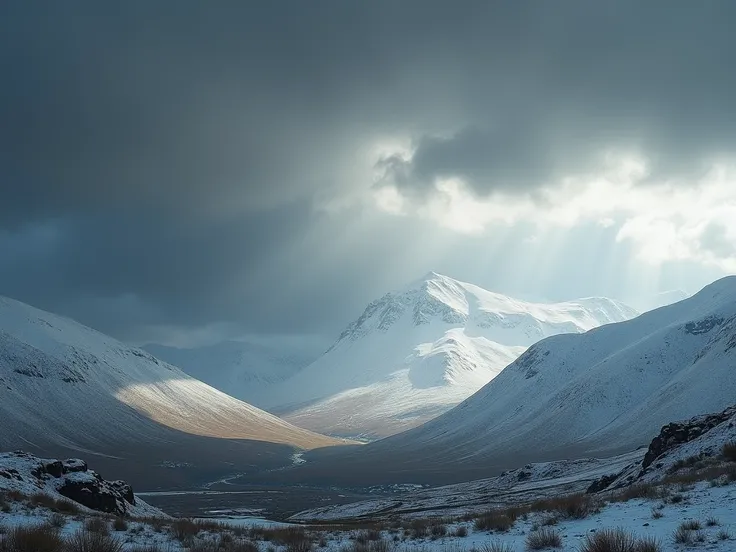 create a dramatic Snowdonia hills landscape with dark clouds and rays of sunlight shining through the clouds