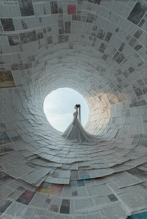 Askew view, hyper realistic surrealism, triangle unraveling holga glicht effeck. anime geisha with silver hair, dress from newspaper absurdly complicated distortions that are rectangles twisted into endless complicated vortex circles, tunnel-like spiral vo...