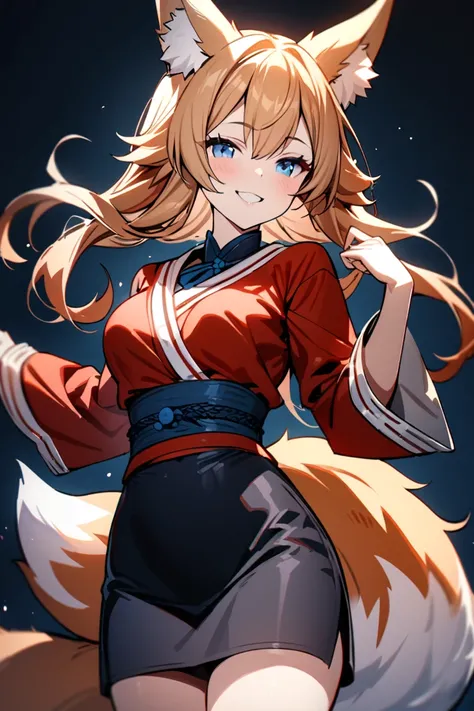 greate quality,high quality,masterpiece,1 girl,grange hair,blue eyes,fox ears,nine fox tale,cowboy shot,smile