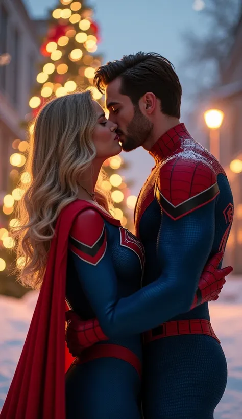 Give me a good pic wher super girl lip kiss spider man in a sexy way in christmas background theme