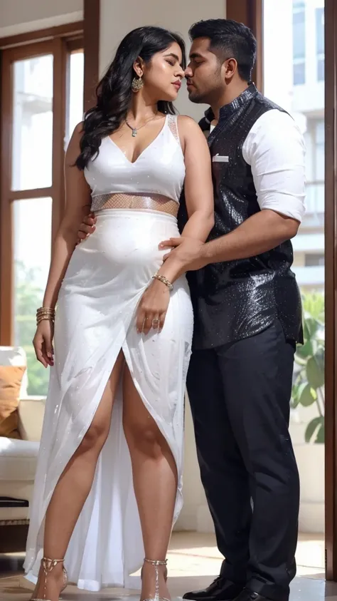 Full body image, Indian 28 year old plus sized woman anasuya,(wearing white colour reflective glitted short wide split skirt and white colour glossy u cut sleeveless blouse) and 30 year old man driver kissing on cheek, in a living room