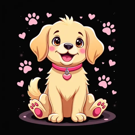 Design a T-shirt featuring a joyful cartoon-style golden retriever surrounded by playful paw prints and pink hearts. Use soft pastel tones for the dog’s fur and accessories like a bright pink collar. The background should be black, creating a warm contrast...