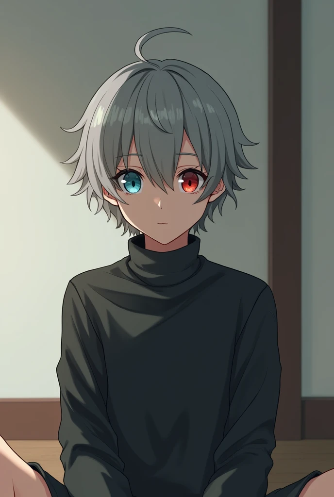 The boy with Gray hair and one eye is red and another one is blue, sitting in the room, room background White brown color, anime 