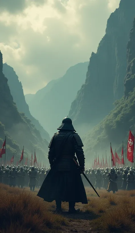 Picture 4k ,  a samurai in black clothes goes to battle against the Crusader army