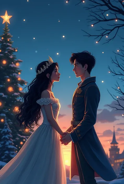 Un illustration anime dun couple avec un fond évoquant noël. La filles une princesse aux cheveux longs, noirs et ondulés essaye dallumer létoile en haut du sapin de Noël grâce à ses pouvoirs. Son fiancé, un prince aux cheveux châtains courts et ondulés la ...